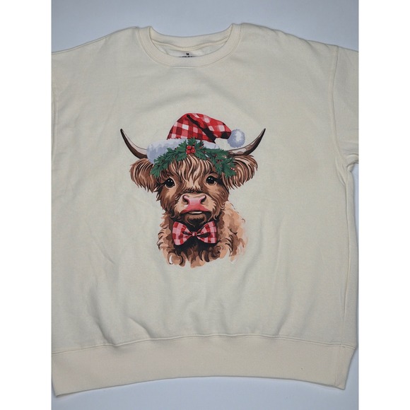 NWT Christmas Cow Sweatshirt Cream Holiday Graphic Long Sleeve Women's Medium - Picture 3 of 11